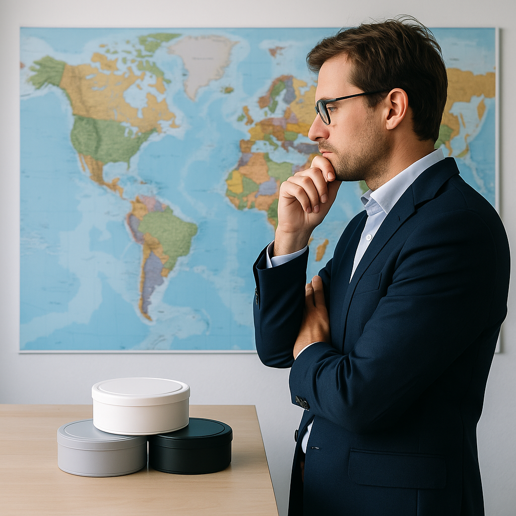A business professional in a clean, Scandinavian-style office looking at a world map with nicotine pouch cans on the table, symbolizing international expansion and scalable production.