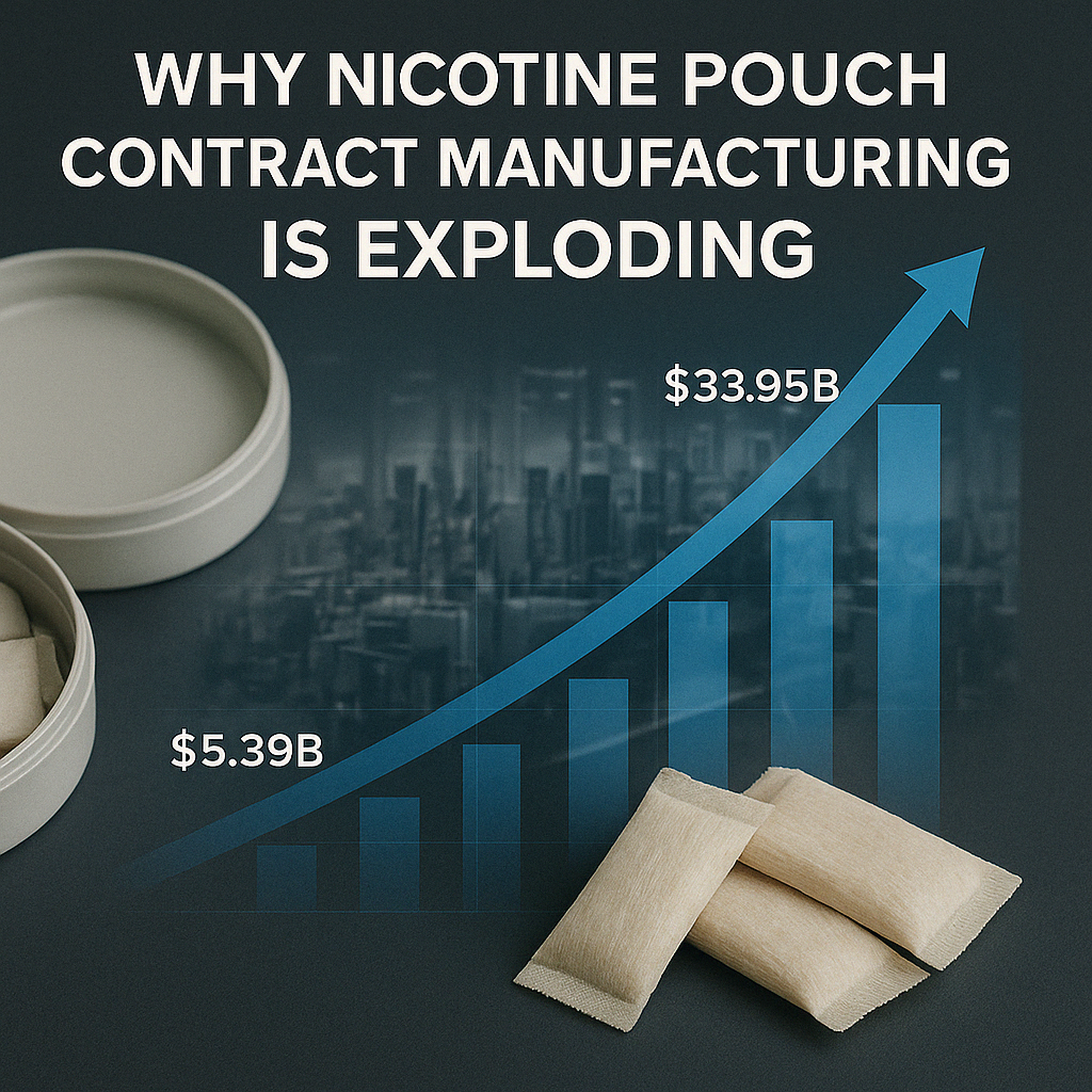 Infographic showing rising market growth of nicotine pouch contract manufacturing, highlighting industry demand and global expansion.