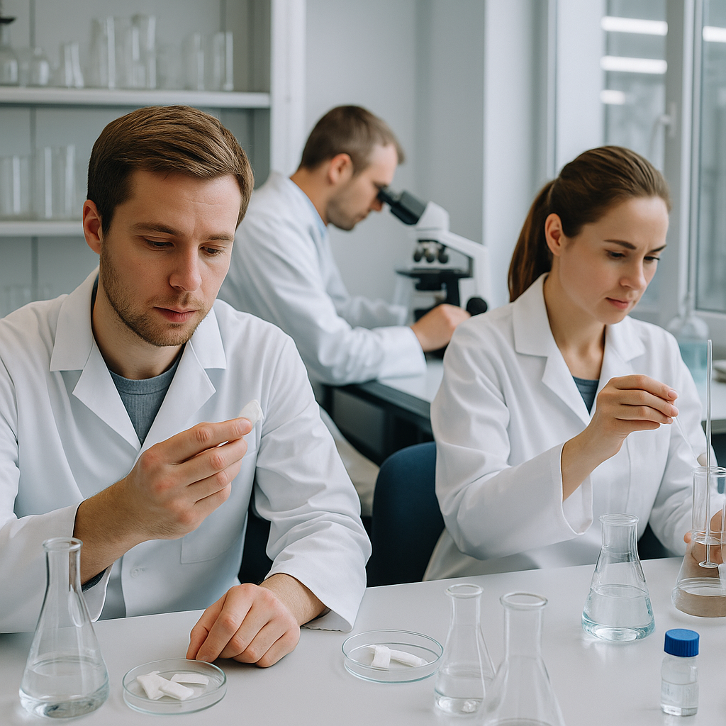 Three Scandinavian lab technicians in a bright, modern facility discussing and looking at pouch product development, representing R&D and customization in nicotine pouch manufacturing.