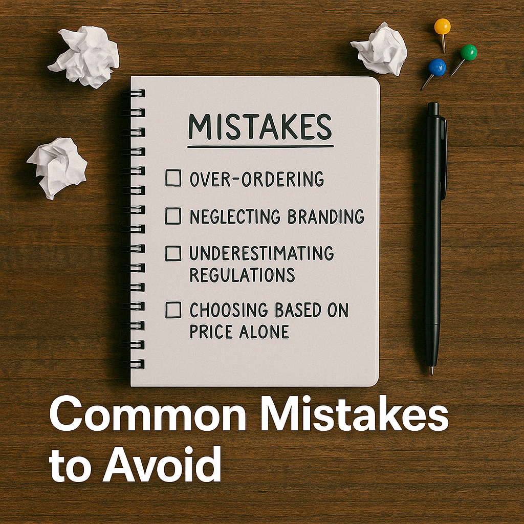 A checklist of common mistakes in starting a nicotine pouch brand, including over-ordering and neglecting regulations.