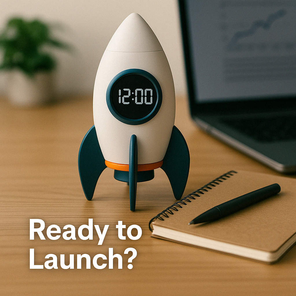 Rocket-shaped desktop clock with a notebook and laptop, symbolizing launch readiness for new nicotine pouch companies.
