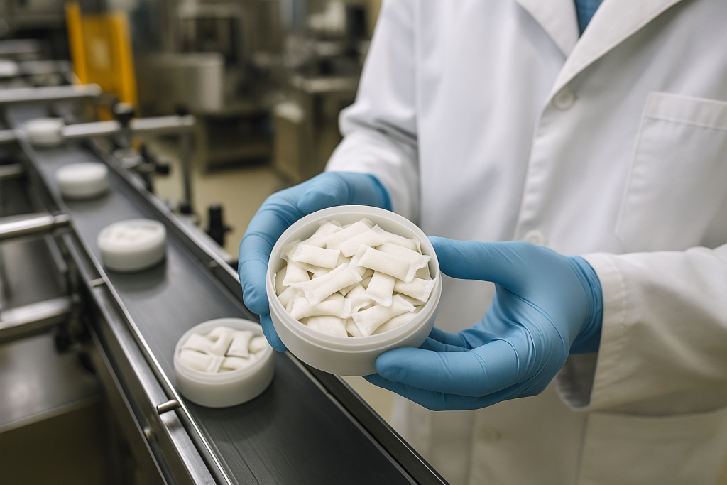 Technicians in a modern nicotine pouch production facility overseeing quality control and packaging processes