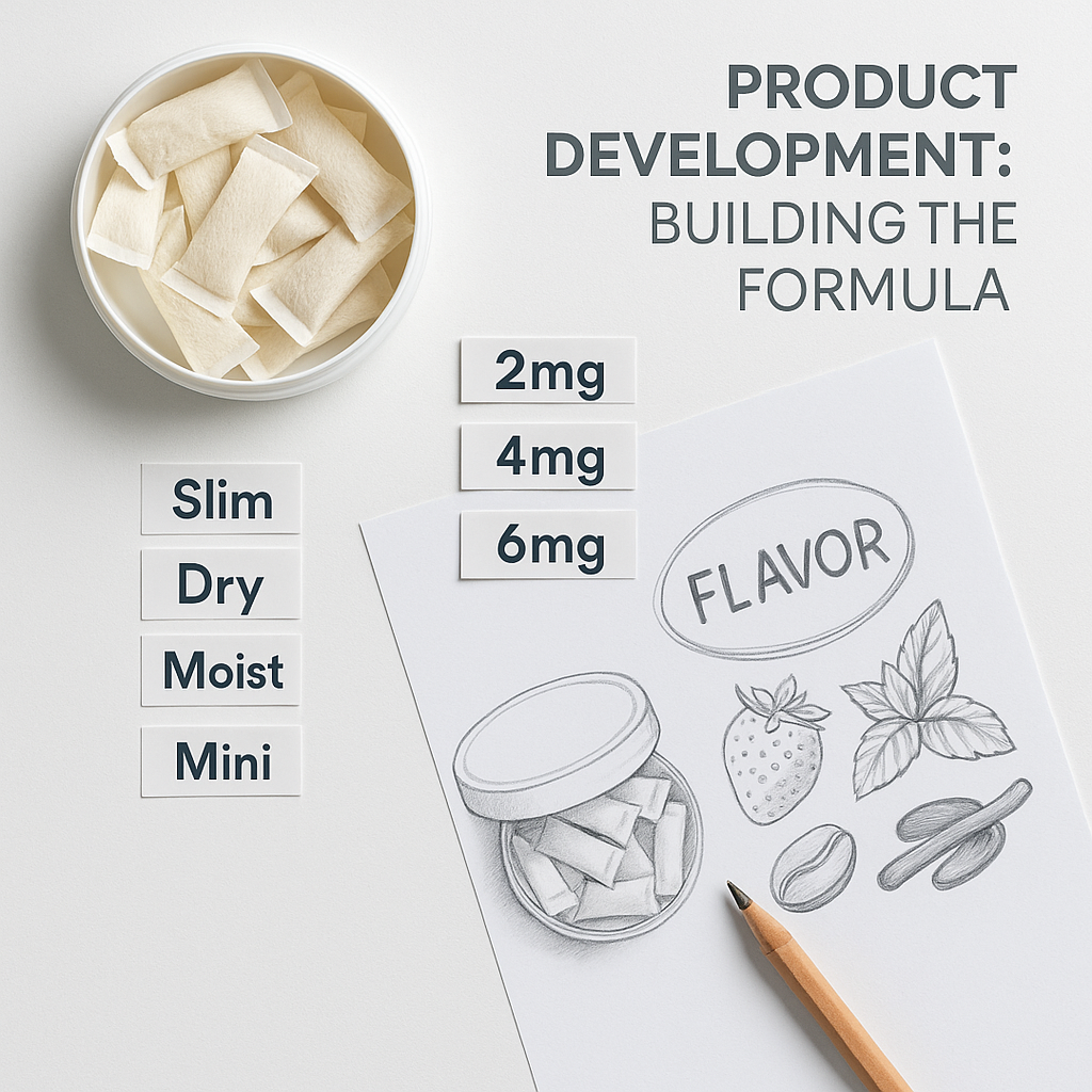 Flat lay of nicotine pouch product development elements, including pouch types, nicotine strengths, and illustrated flavor ingredients.