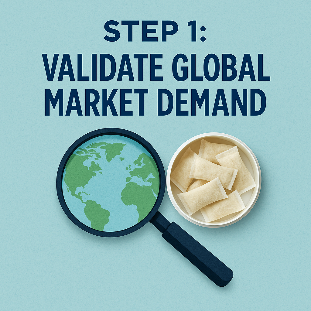 Magnifying glass over a simplified world map with a nicotine pouch container, representing market research and global demand validation.