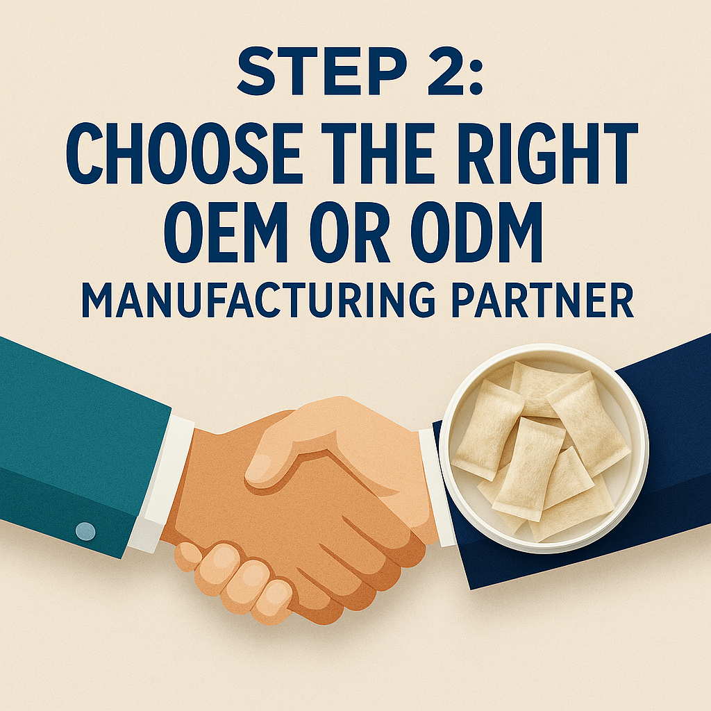 Handshake between two business professionals beside a nicotine pouch container, symbolizing partnership with an OEM or ODM manufacturer