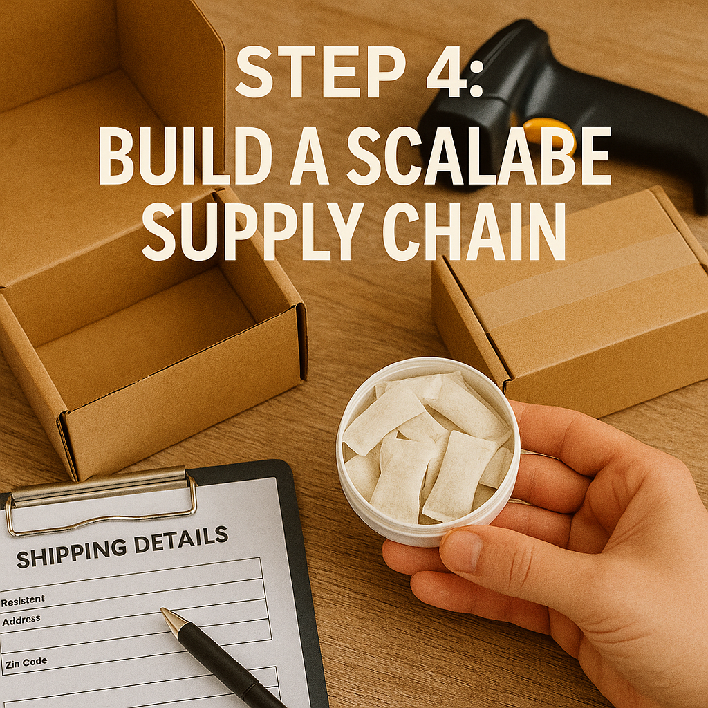 Nicotine pouch container on a wooden table next to a cardboard box, clipboard, and barcode scanner — illustrating logistics and supply chain planning.