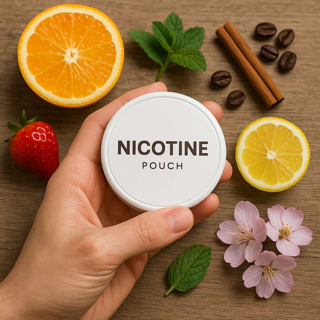 Hand holding a nicotine pouch container surrounded by region-specific flavor ingredients like fruit, spices, and flowers — emphasizing flavor localization.