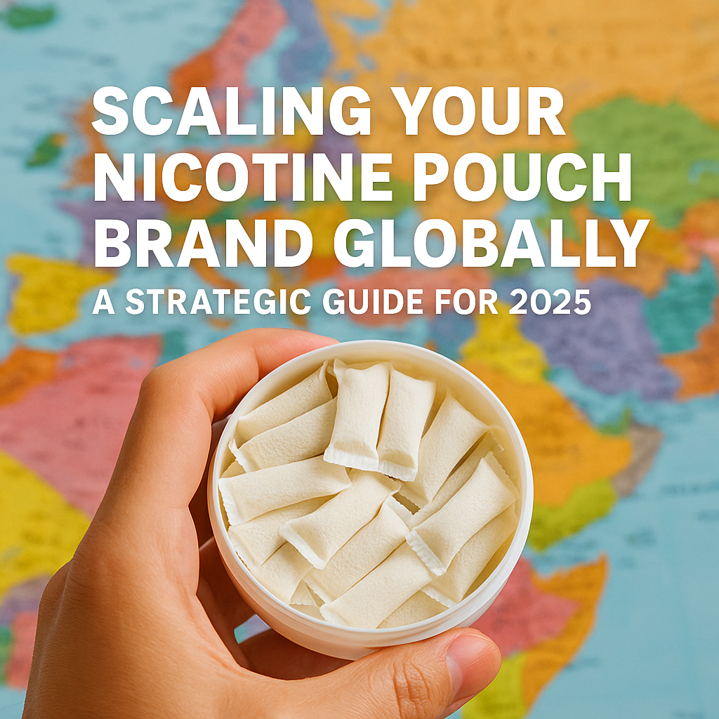 Hand holding an open nicotine pouch container in front of a colorful world map, with bold text overlay reading “Scaling Your Nicotine Pouch Brand Globally: A Strategic Guide for 2025” — visually representing global expansion and market strategy.