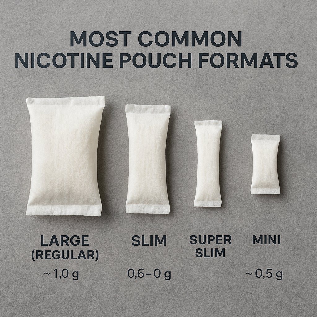 Four nicotine pouches arranged by size — Large, Slim, Super Slim, and Mini — with bold labels and weight info shown over a wooden background.