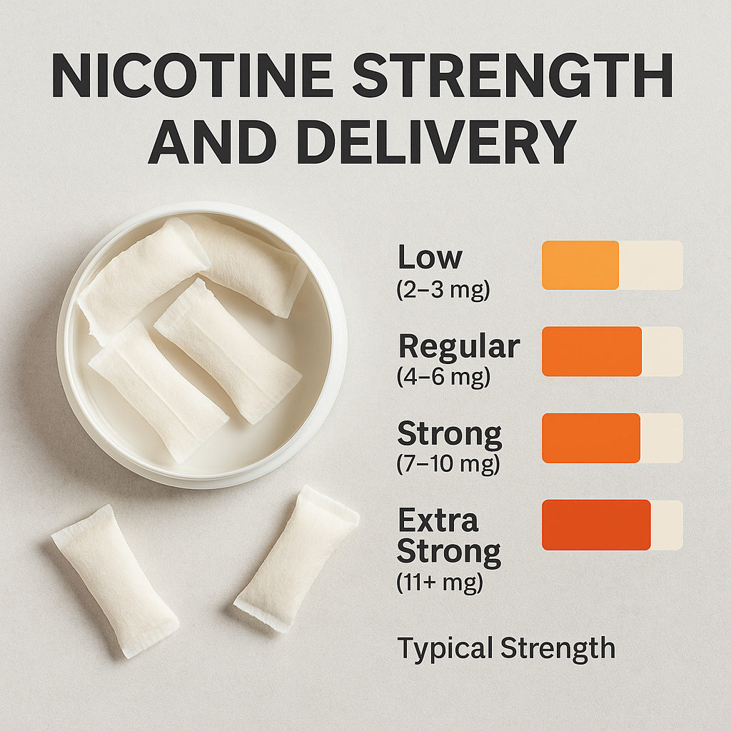 An open nicotine pouch can on the left and a four-level bar chart on the right showing nicotine strengths: Low (2–3mg), Regular (4–6mg), Strong (7–10mg), and Extra Strong (11+mg).