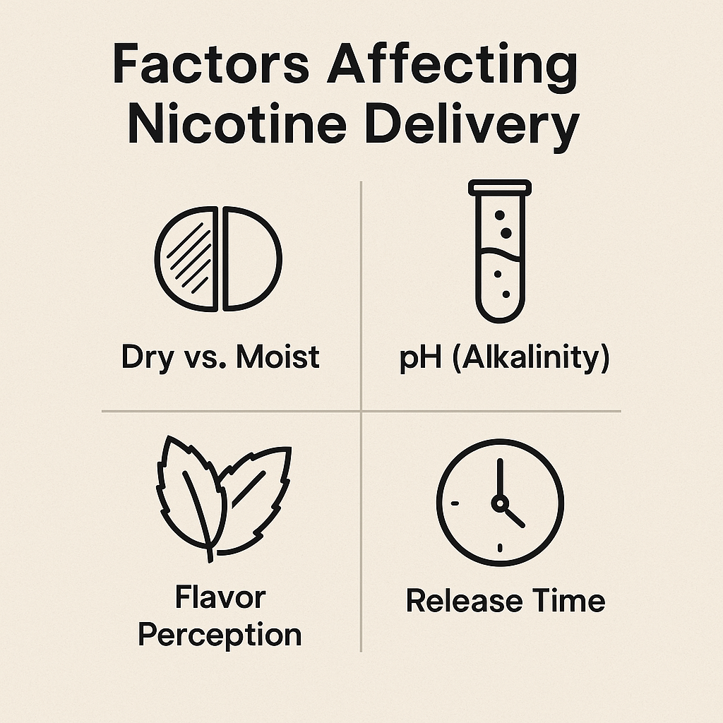 Simple infographic showing icons and labels for Dry vs. Moist, pH (Alkalinity), Flavor Perception, and Release Time — key elements in nicotine delivery.