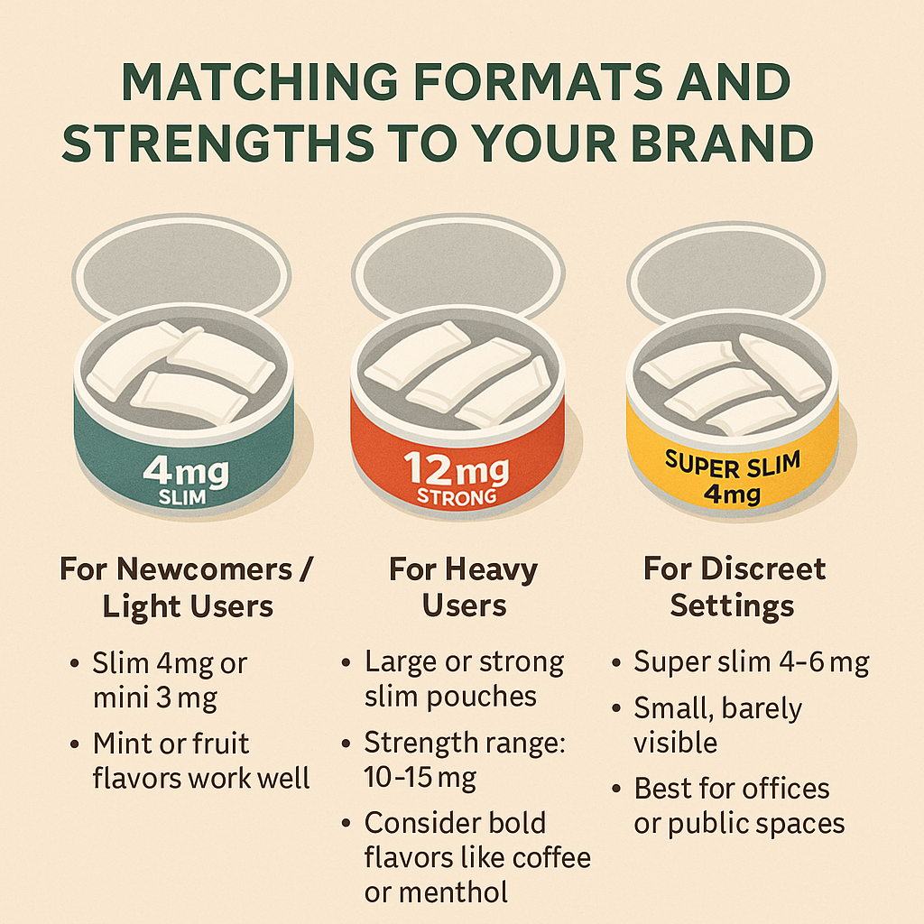 A four-part infographic showing recommendations for light users, heavy users, discreet settings, and tiered offerings — with icons and flavor references like mint and coffee.