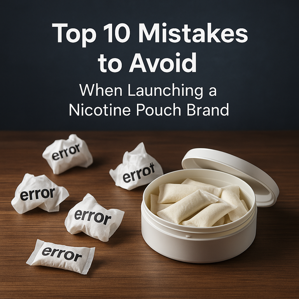 A bold digital cover image with warning icons and modern branding elements, highlighting the title “Top 10 Mistakes to Avoid When Launching a Nicotine Pouch Brand.”