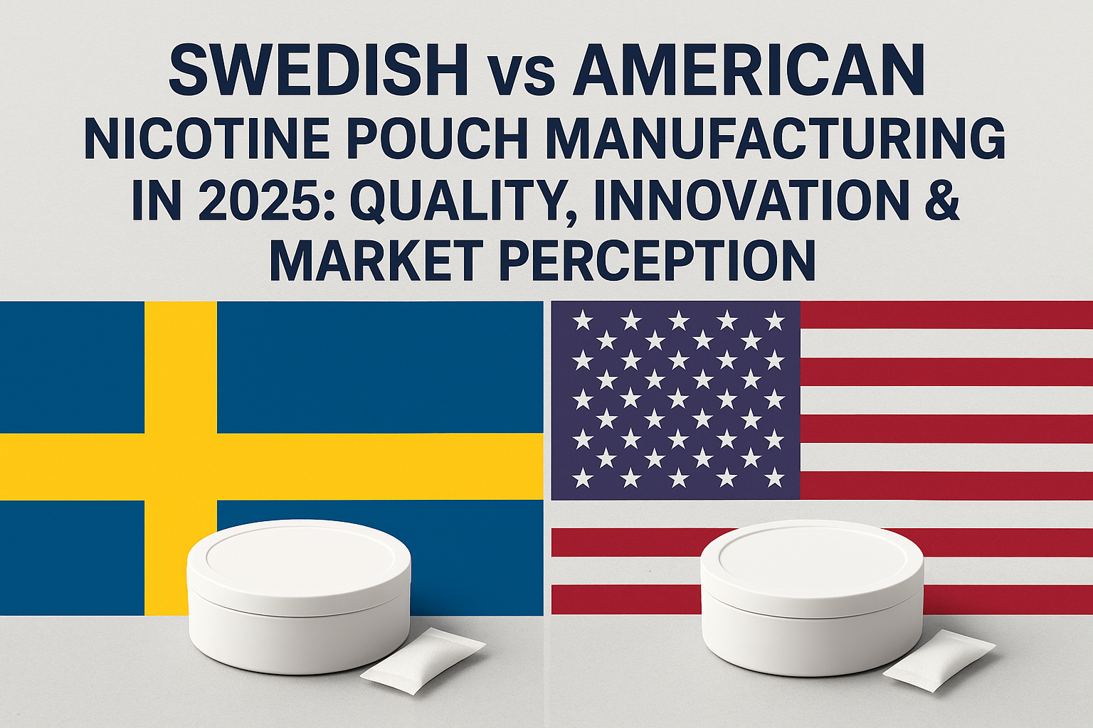 Comparison graphic showing Swedish vs American nicotine pouch manufacturing in 2025, highlighting quality, innovation, and market perception.